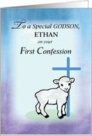 Customizable Godson Ethan First Confession Lamb Cross card