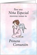 Spanish Girl Praying First Communion Angel on Pink card