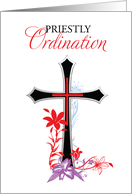 Priest Ordination Black Cross with Red Swirls Anniversary card