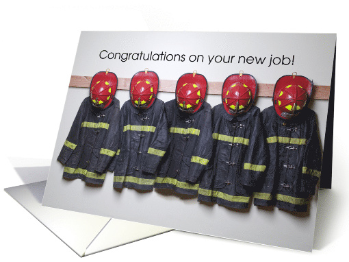 Congratulations to Firefighter on New Job Red Helmets and Coats card