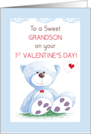 Grandson 1st Valentines Day Blue Teddy Bear on Grass card
