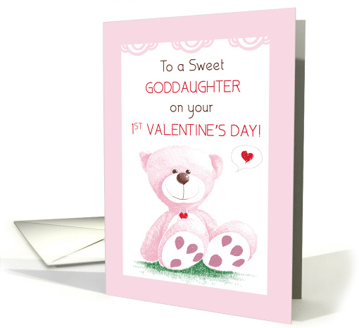 Goddaughter 1st Valentines Day Pink Teddy Bear on Grass card (1417864)