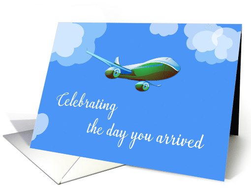Airplane Day Adoption Green Flying Airplane in Sky card (1422782)
