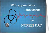 Thanks on Nurses Day Stethoscope and Heartbeat Wave on Blue card