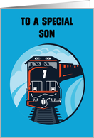 Son 7th Birthday Train for Little Boy on Blue card