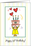 55th Birthday Cake and Hearts for Woman card