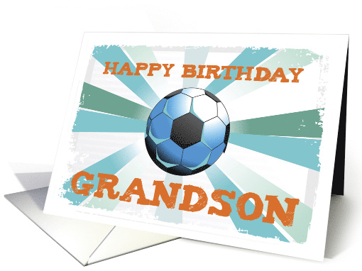 Grandson Soccer Birthday with Ball Orange on Teal and... (1443378)