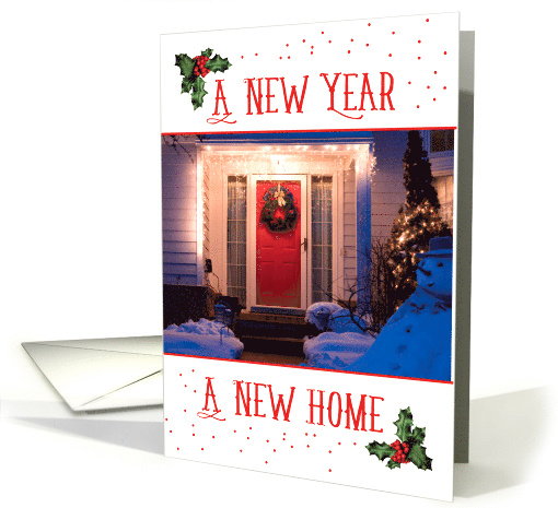 Moving Announcement New Year New Home Red Dots and Holly card