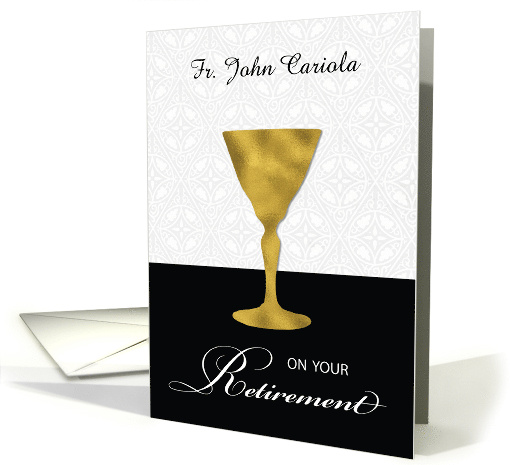 Custom Name Priest Retirement Gold Chalice on Black and White card