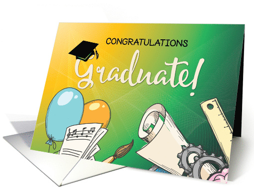 Elementary School Graduation Balloons Music on Green and Yellow card