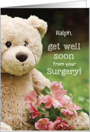 Custom Name Surgery Recovery Teddy Bear and Flowers Get Well Religious card