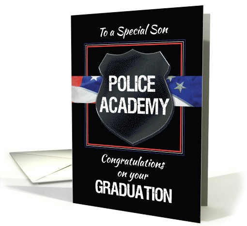 Son Police Academy Graduation Congratulations Black with Flag card