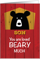 Son Valentine Bear Wishes on Red Wood Grain Look card