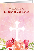 Welcome to Parish Customizable Cross With Pink Watercolor Flowers card