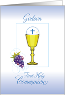 Godson First Communion Chalice with Host and Grapes on Blue card