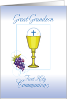 Great Grandson First Communion Chalice with Host and Grapes on Blue card