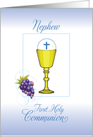 Nephew First Communion Chalice with Host and Grapes on Blue card