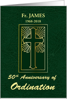 Custom Name and Year 50th Anniversary of Ordination Green Leather Look card