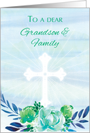 Grandson and Family Teal Blue Flowers with Cross Easter card