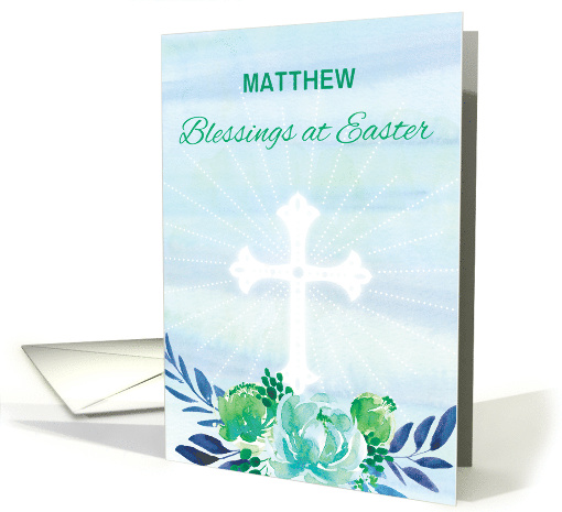 Custom Name You Teal Blue Flowers with Cross Easter card (1515862)