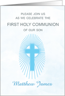 Invitation Blue First Holy Communion Cross Host Rays card