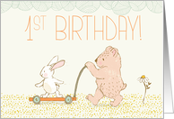 First Birthday Walking Bear and Rabbit card