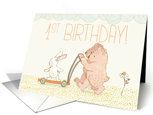 Twins First Birthday Walking Bear and Rabbit card (1530084)
