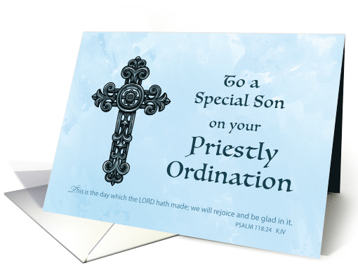 Son Ordination Congratulations Ornate Cross on Light Blue card