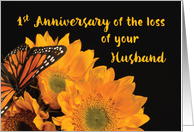 Religious First Anniversary of Loss of Husband Butterfly on Sunflowers card