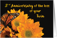 Custom Year Third Anniversary of Loss of Twin Butterfly on Sunflowers card