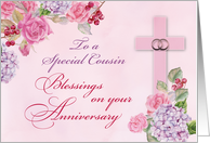 Cousin Religious Wedding Anniversary Rings Cross and Flowers card