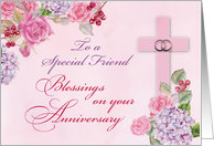 Friend Religious Wedding Anniversary Rings Cross and Flowers card