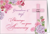 Grandson Wife Religious Wedding Anniversary Rings Cross and Flowers card