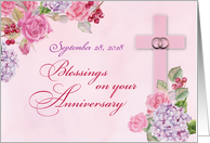 Date Specific Religious Wedding Anniversary Rings Cross and Flowers card