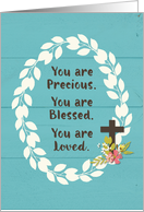 Boy Baptism Precious Blessed and Loved on Teal Wooden Look Background card