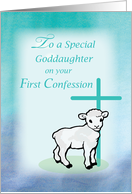 Goddaughter First Confession Lamb Cross on Teal and Purple card