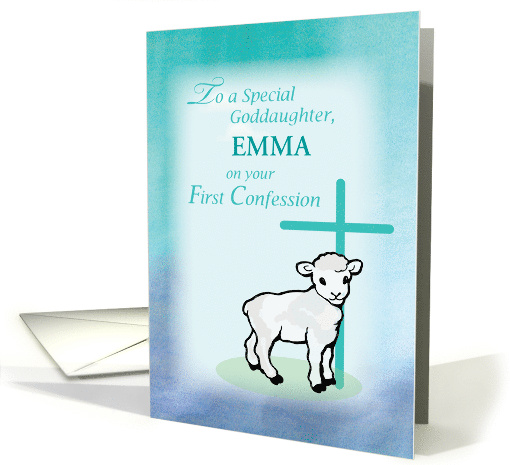 Goddaughter Personalize Name First Confession Lamb Cross card