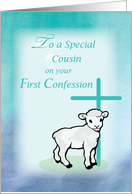 Cousin First Confession Lamb Cross on Teal and Purple card