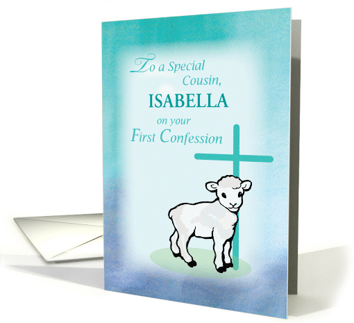 Cousin Personalize Name First Confession Lamb Cross card (1537470)