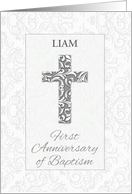 Custom Name First Anniversary Baptism Blessings Cross with Swirls card