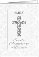 Custom Name Seventh Anniversary Baptism Blessings Cross with Swirls card