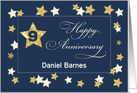 Custom Name Ninth Employee Anniversary Navy Gold Effect Stars card