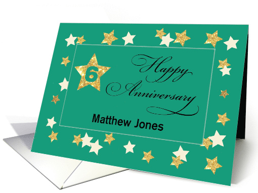 Custom Name Sixth Employee Anniversary Green Gold Effect Stars card