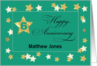 Custom Name Sixth Employee Anniversary Green Gold Effect Stars card