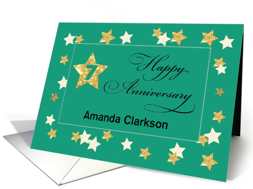 Custom Name Seventh Employee Anniversary Green Gold Effect Stars card