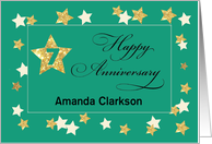 Custom Name Seventh Employee Anniversary Green Gold Effect Stars card