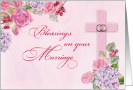 Wedding Congratulations Religious Rings Cross and Flowers card