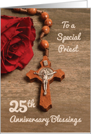 Priest 25th Ordination Anniversary Red Rose and Rosary card