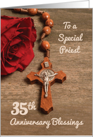 Priest 35th Ordination Anniversary Red Rose and Rosary card