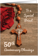 Priest 50th Ordination Anniversary Red Rose and Rosary card